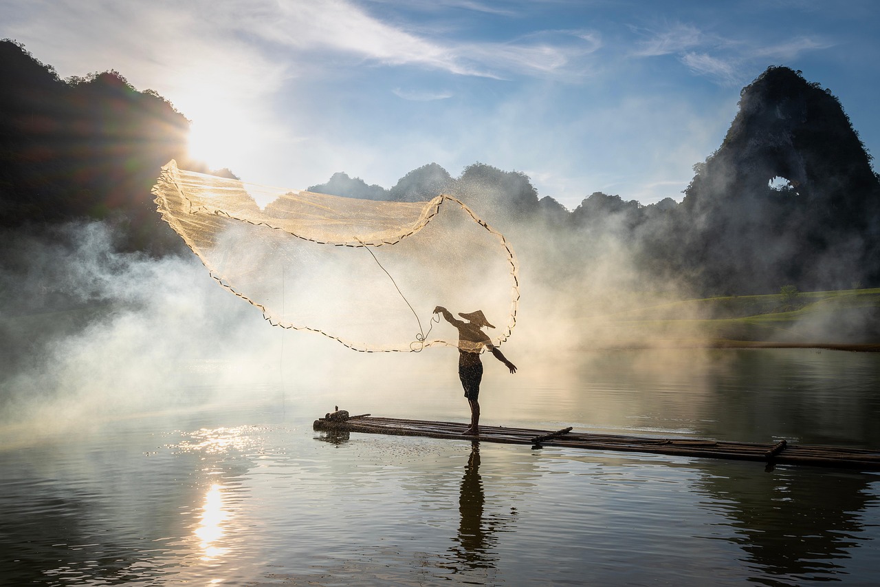 home-hero-1 fishing, vietnam, fisherman, province, cao bang, lifestyle, daylight, life, nature, sky, water, mist, fog, sunlight